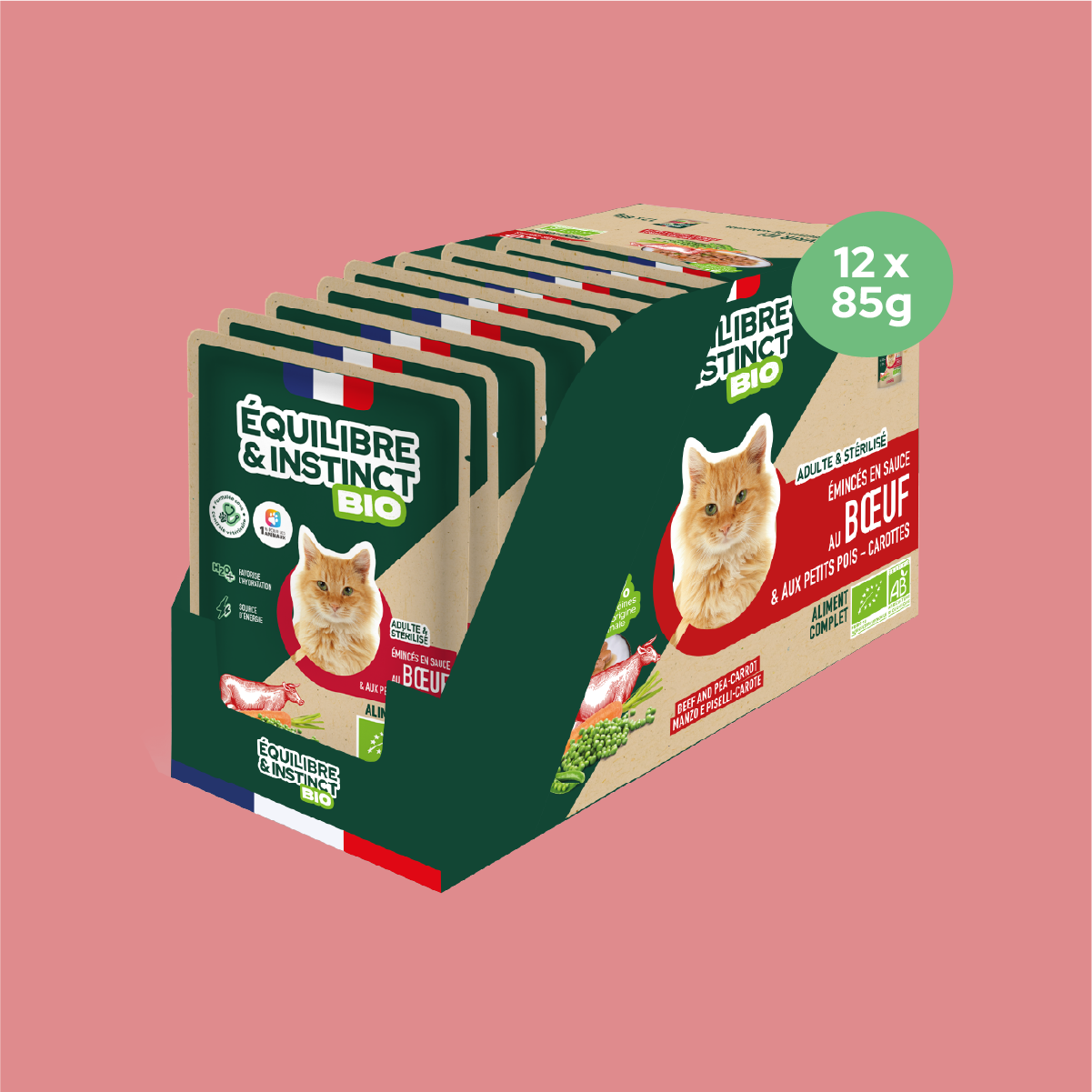 Émincés en sauce BIO au bœuf et aux petits pois carottes (Chat adulte)