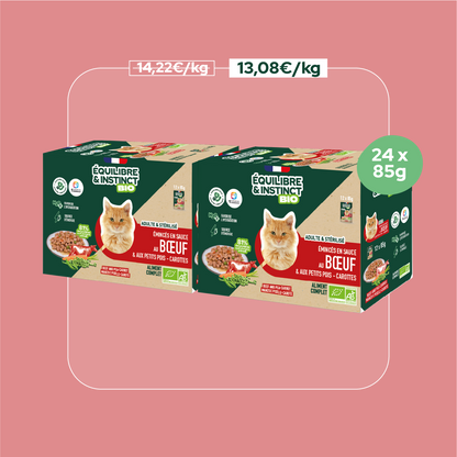 Émincés en sauce BIO au bœuf et aux petits pois carottes (Chat adulte)