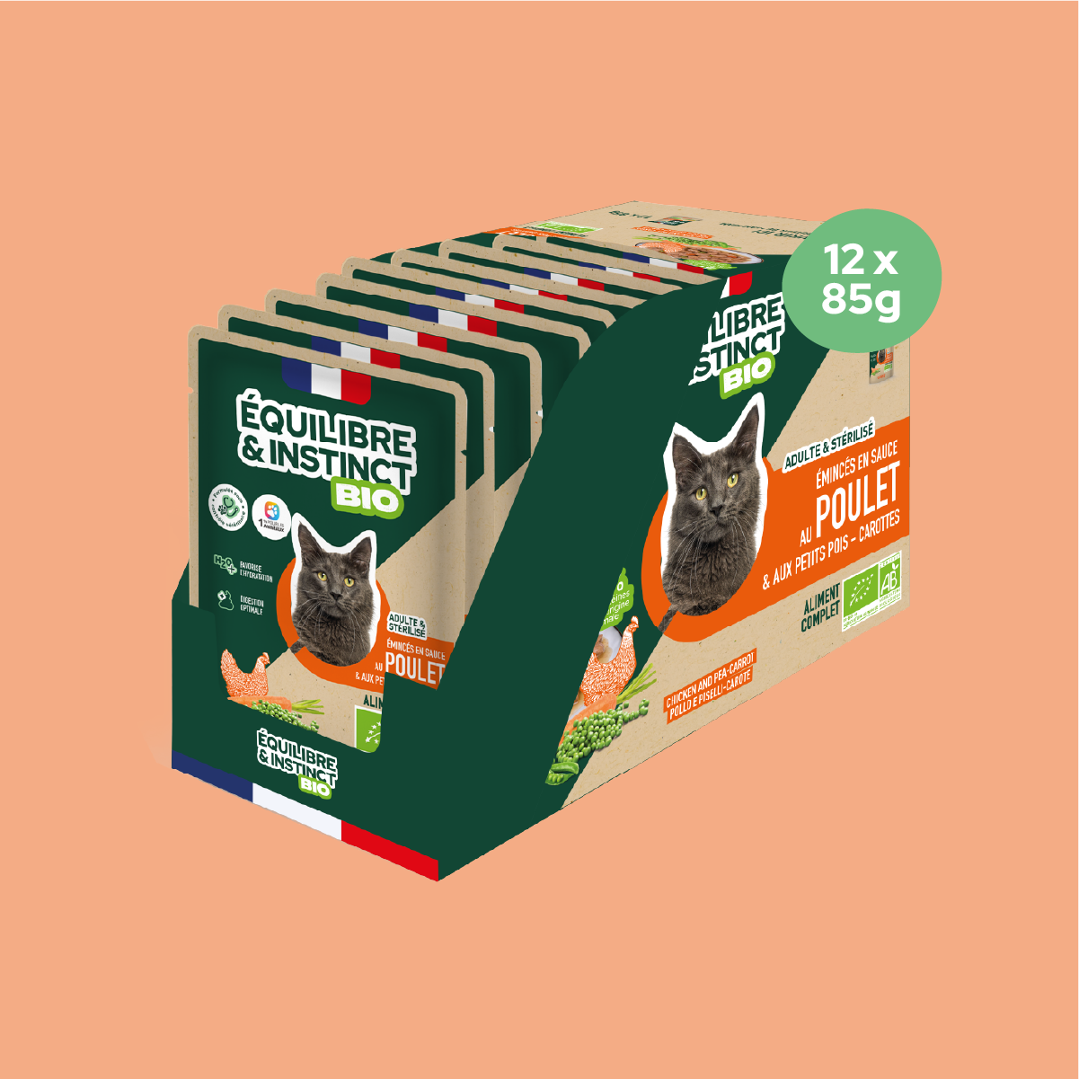 Émincés en sauce BIO au poulet et aux petits pois carottes (Chat adulte)