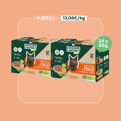 Émincés en sauce BIO au poulet et aux petits pois carottes (Chat adulte)
