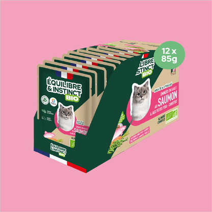 Émincés en sauce BIO au saumon et aux petits pois carottes (Chat adulte)