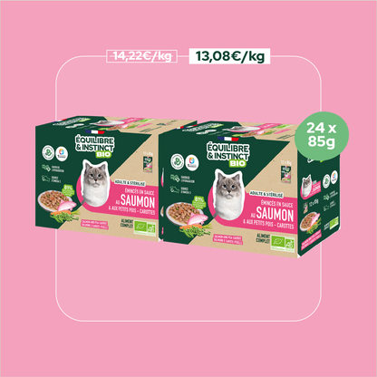 Émincés en sauce BIO au saumon et aux petits pois carottes (Chat adulte)