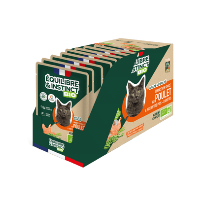 Émincés en sauce BIO au poulet et aux petits pois carottes (chat adulte)