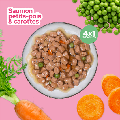 Émincés en sauce BIO au saumon et aux petits pois carottes (Chat adulte)