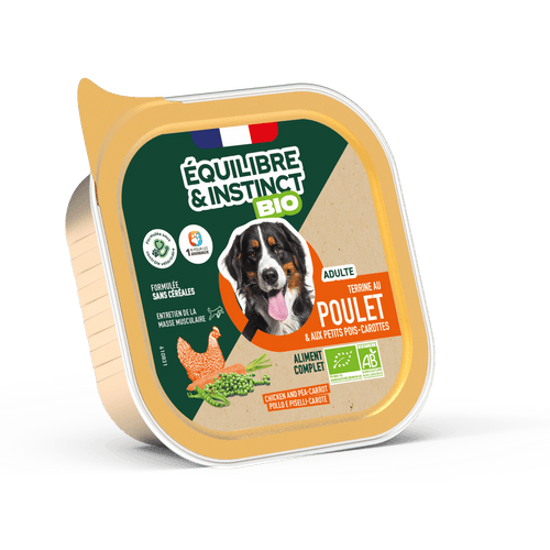 Terrines BIO au poulet et aux petits pois carottes (Chien adulte)