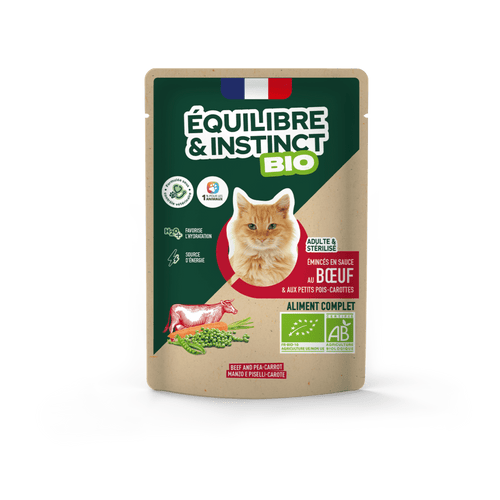 Émincés en sauce BIO au bœuf et aux petits pois carottes (Chat adulte)