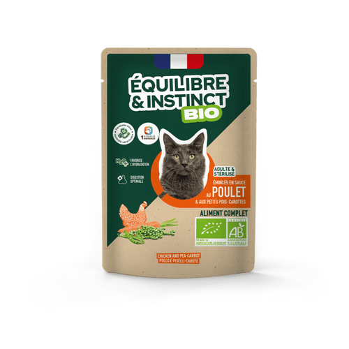 Émincés en sauce BIO au poulet et aux petits pois carottes (Chat adulte)