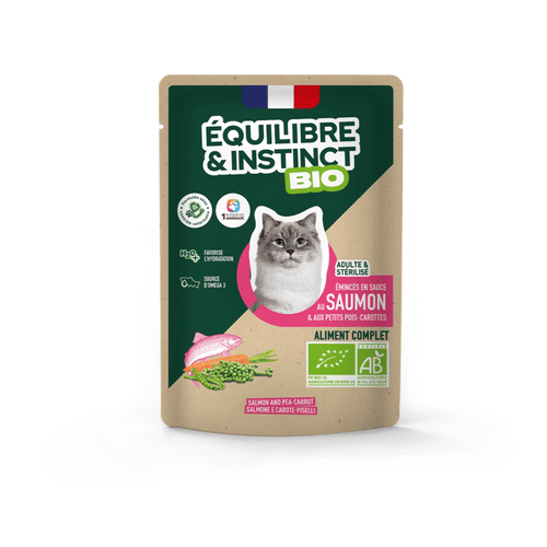 Émincés en sauce BIO au saumon et aux petits pois carottes (Chat adulte)
