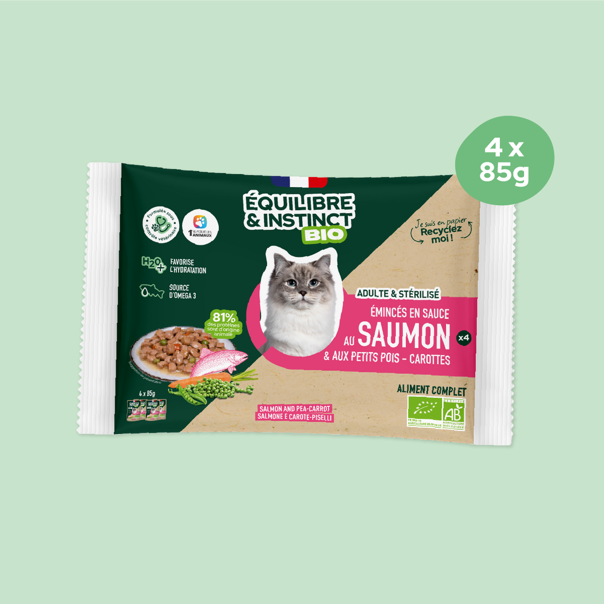 Émincés en sauce BIO au saumon et aux petits pois carottes (Chat adulte)