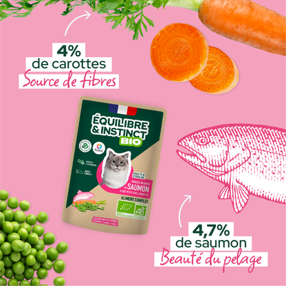 Émincés en sauce BIO au saumon et aux petits pois carottes (Chat adulte)