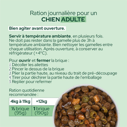 Guide de ration journalière pour chien adulte avec conseils de conservation et instructions d'ouverture de la brique.