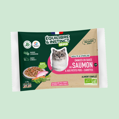 Émincés en sauce BIO au saumon et aux petits pois carottes (Chat adulte)