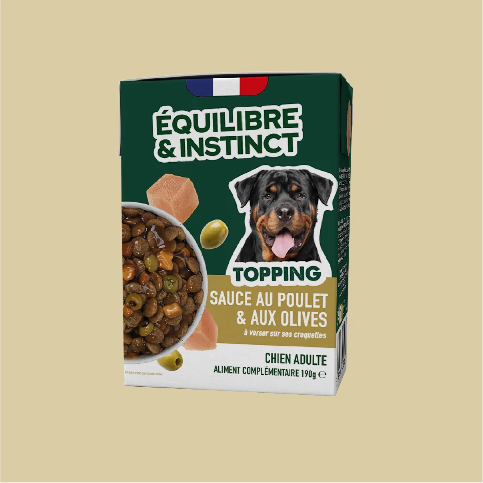 Boîte de sauce topping Équilibre & Instinct au poulet et olives pour chien adulte.