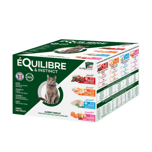 Pack de 24 sachets fraicheur pour chat stérilisé - 4 différents parfums - Équilibre & Instinct