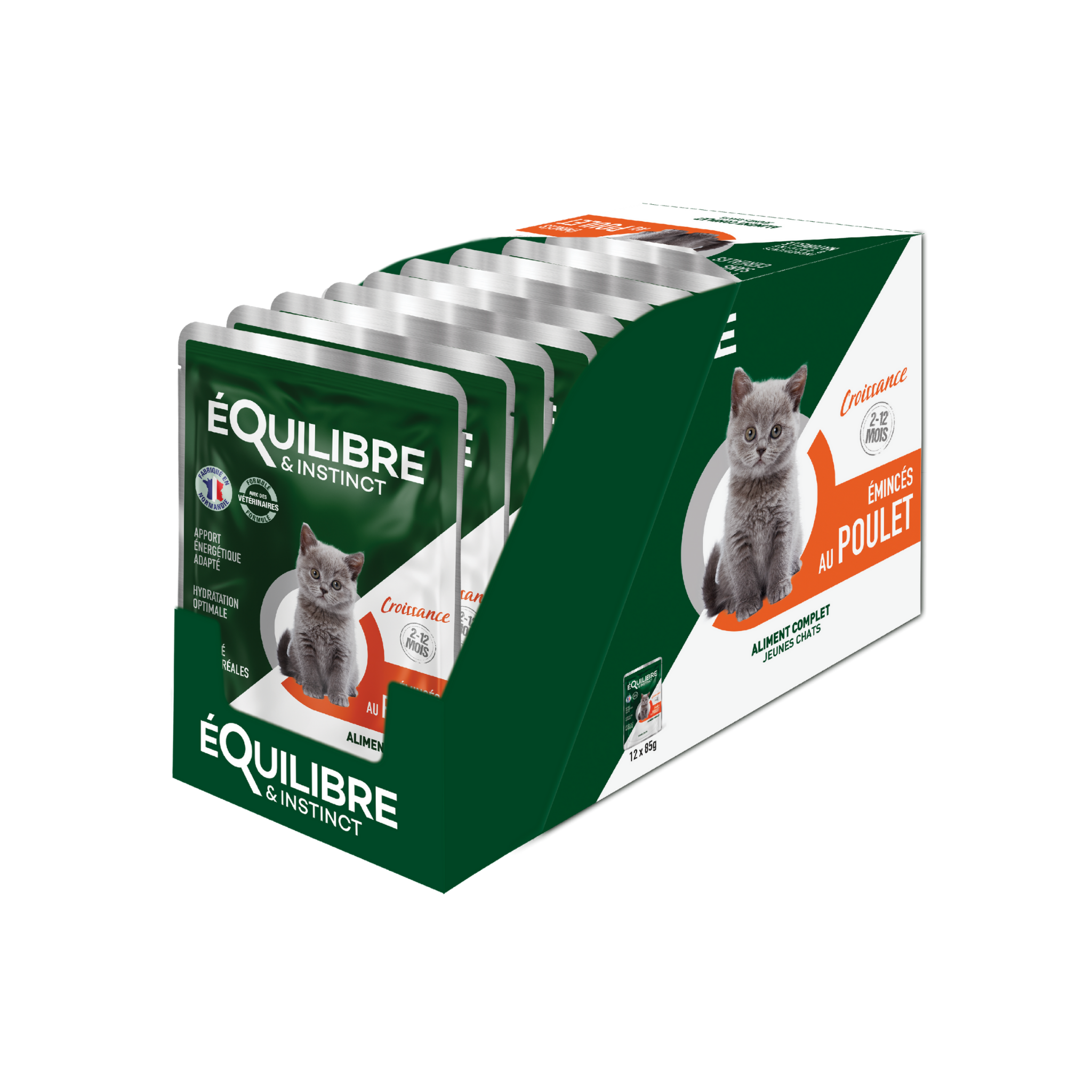Pack de 12 sachets de 85 grammes de nourriture humide pour chaton au poulet